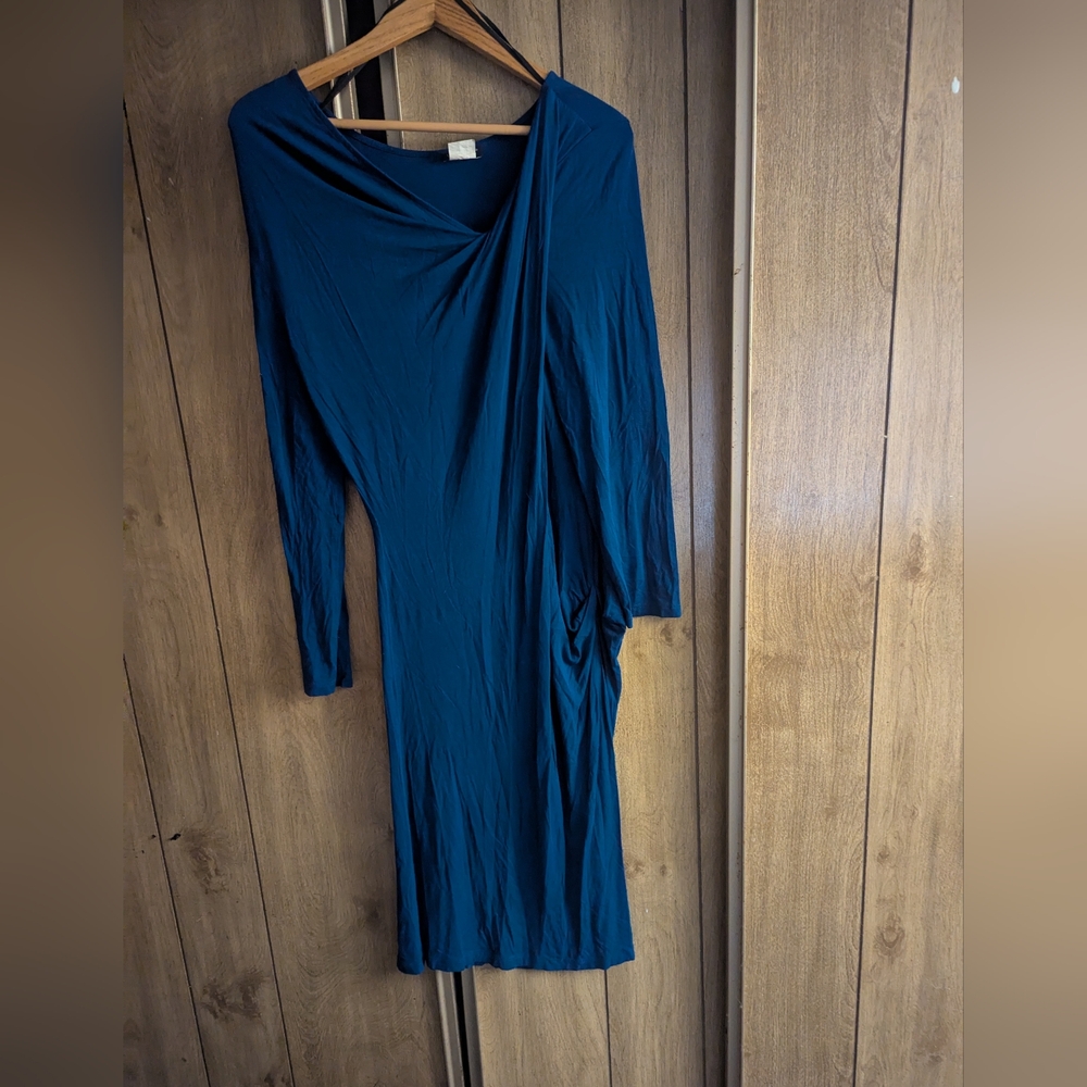 Blue Asymmetrical Sheath Dress with Dolman Sleeves